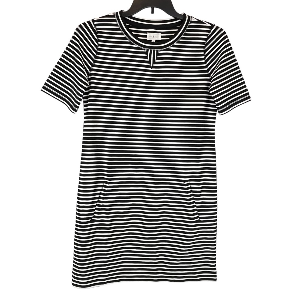 Lou & Grey Mini Shift Dress Black White Stripes Pockets Short Sleeves Sz S
